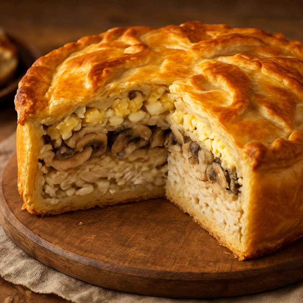 Entree: Russia – Cossack Cuisine – Курник ➤ Kurnik (A traditional Russian savory layered pie filled with poached chicken, mushrooms, rice, and chopped hard‑boiled eggs baked in a rich pastry) recipe