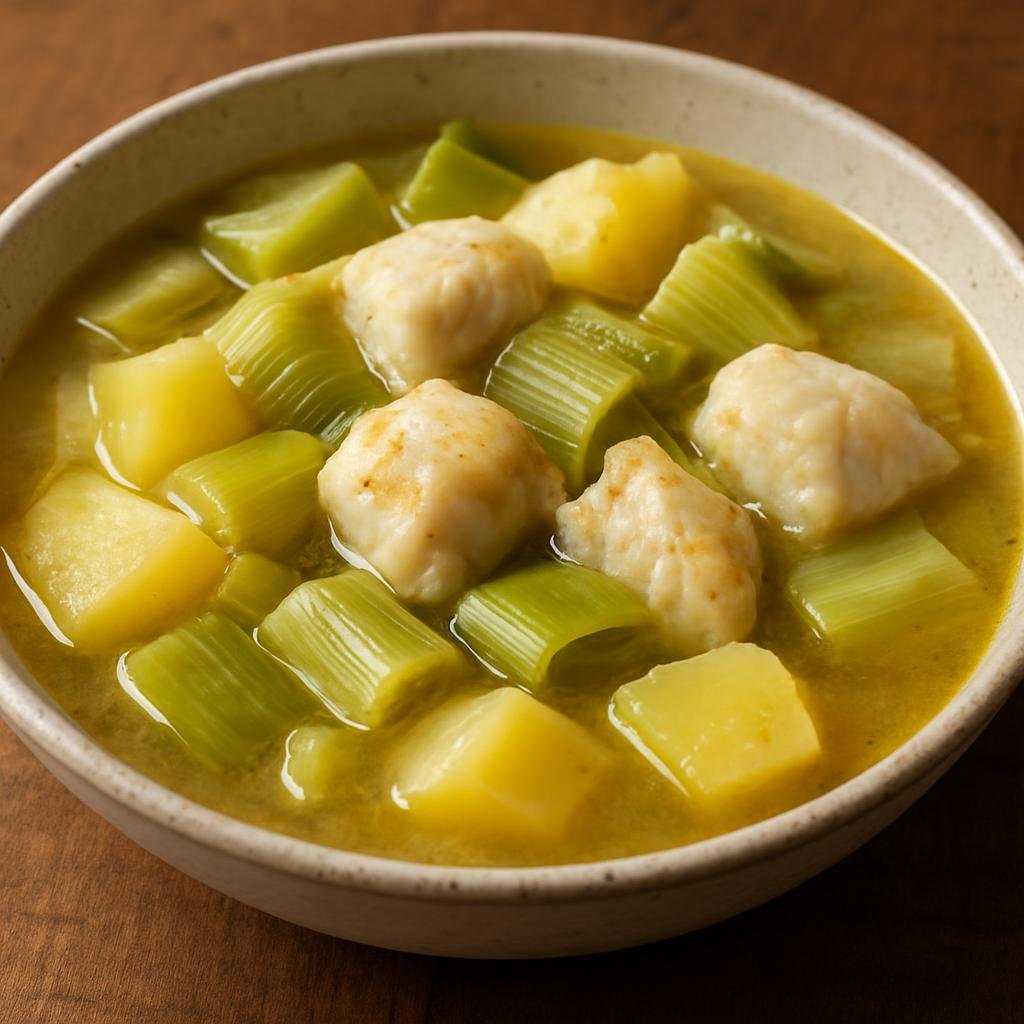 Entree: Spain – Basque Country – Porrusalda (A traditional Basque leek and potato stew simmered in olive oil and stock, often finished with chunks of white fish) recipe