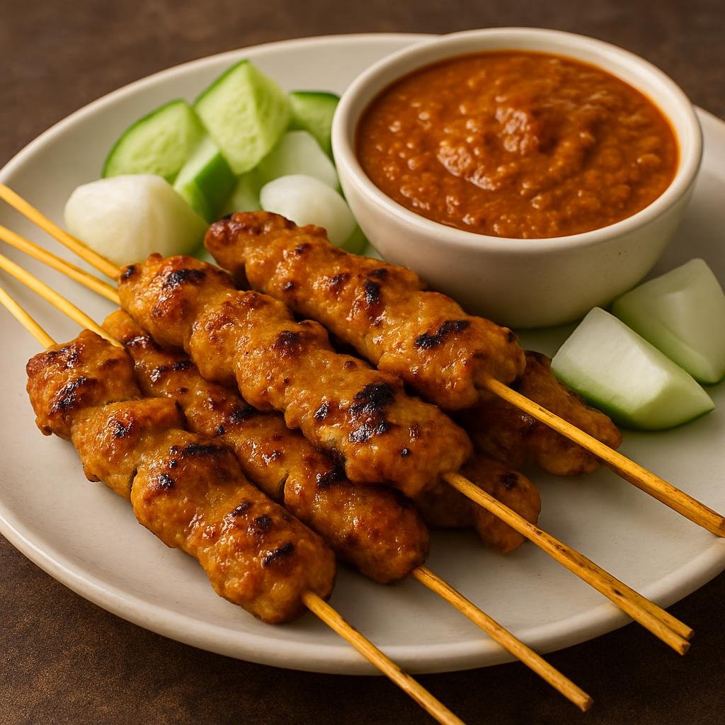 Entree: Malaysia – Penang – Penang Satay (Grilled marinated skewered meat served with a rich spiced peanut dipping sauce) recipe