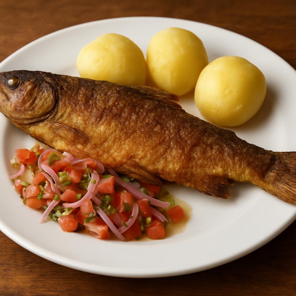 Entree: Peru – Cuzco – Trucha Frita (Crispy pan-fried whole Andean trout served with tangy salsa criolla and boiled potatoes) recipe