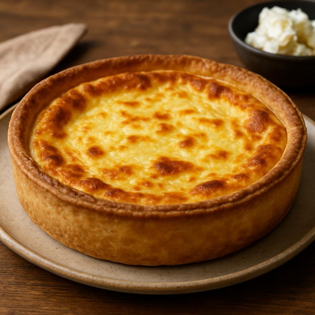 Entree: France – Brittany – Tourteau Fromagé (Savory Breton baked cheese tart made with fresh cheese and eggs in a buttery shortcrust) recipe