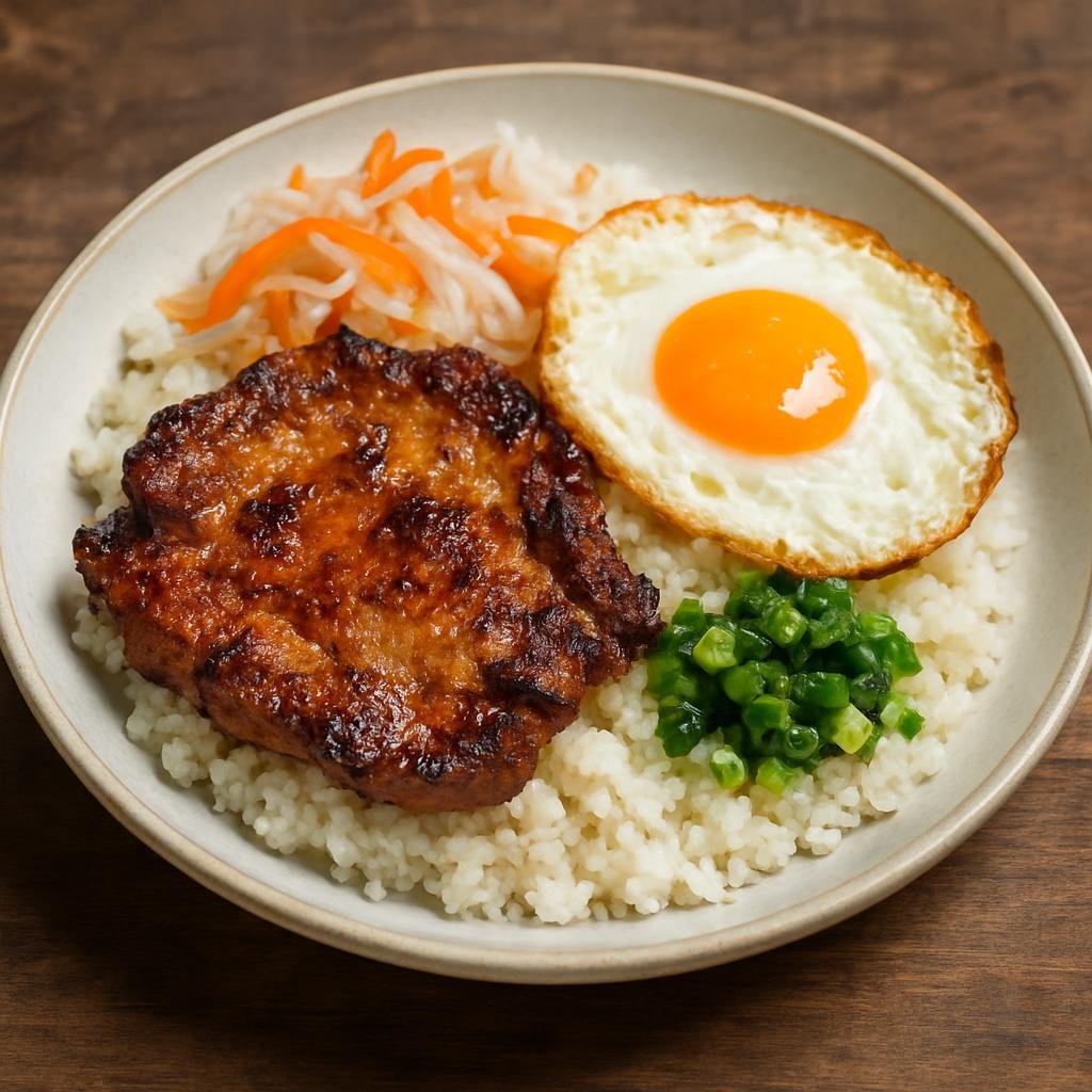 Entree: Vietnam – Mekong Delta – Com Tam (Broken rice dish topped with grilled marinated pork, pickled vegetables, scallion oil, and a fried egg) recipe