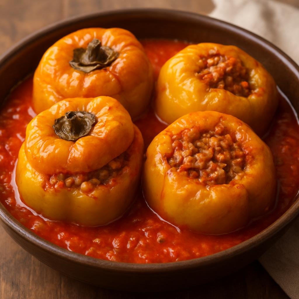 Entree: Romania – Wallachia – Ardei umpluți (Bell peppers stuffed with a seasoned mixture of ground meat and rice, simmered in tomato sauce) recipe