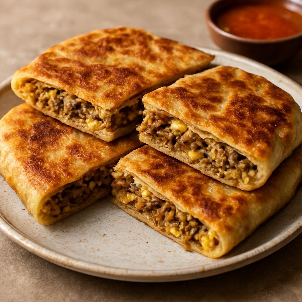 Entree: Saudi Arabia – Saudi Bedouin Cuisine – مطبق ➤ Mutabbaq (Pan-fried stuffed flatbread filled with spiced meat, onion and egg) recipe