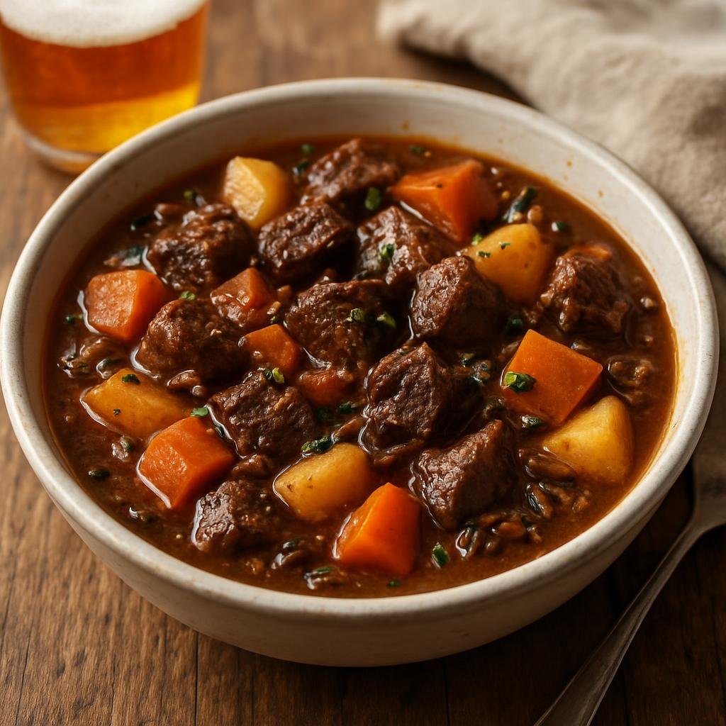 Entree: United States – Upper Midwest – Venison Stew (Hearty slow-cooked stew of venison and root vegetables with regional beer and wild rice) recipe