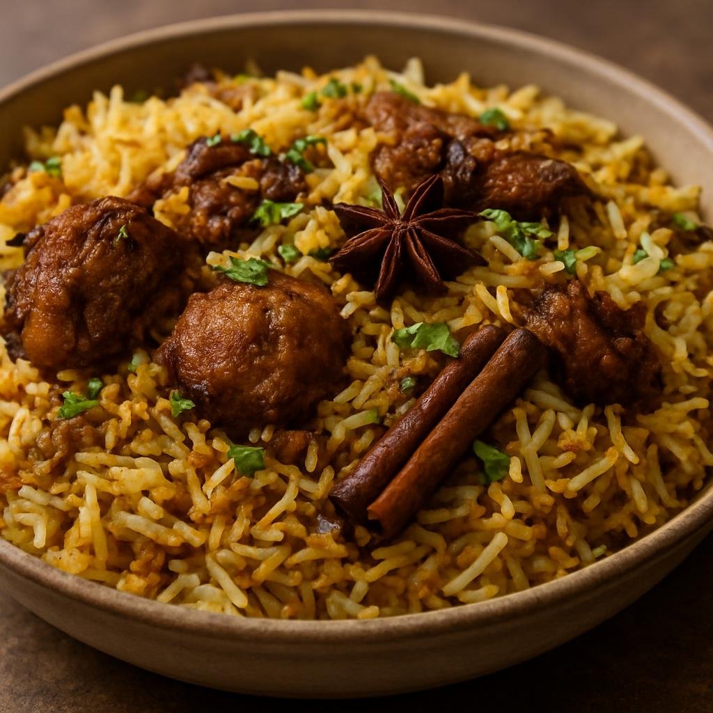 Entree: India – Bohri Muslim Cuisine – بوہری بریانی ➤ Bohri Biryani (Layered spiced basmati rice with marinated meat prepared in the Bohri Muslim community style, cooked on dum for fragrant, moist grains and tender meat) recipe