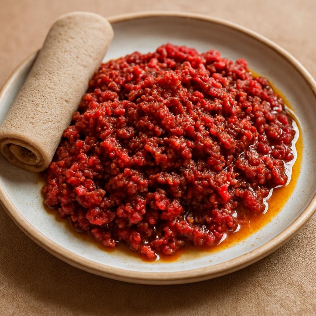 Entree: Ethiopia – Gurage – ክትፎ ➤ Kitfo (Finely minced raw or lightly warmed beef seasoned with spiced clarified butter and mitmita) recipe
