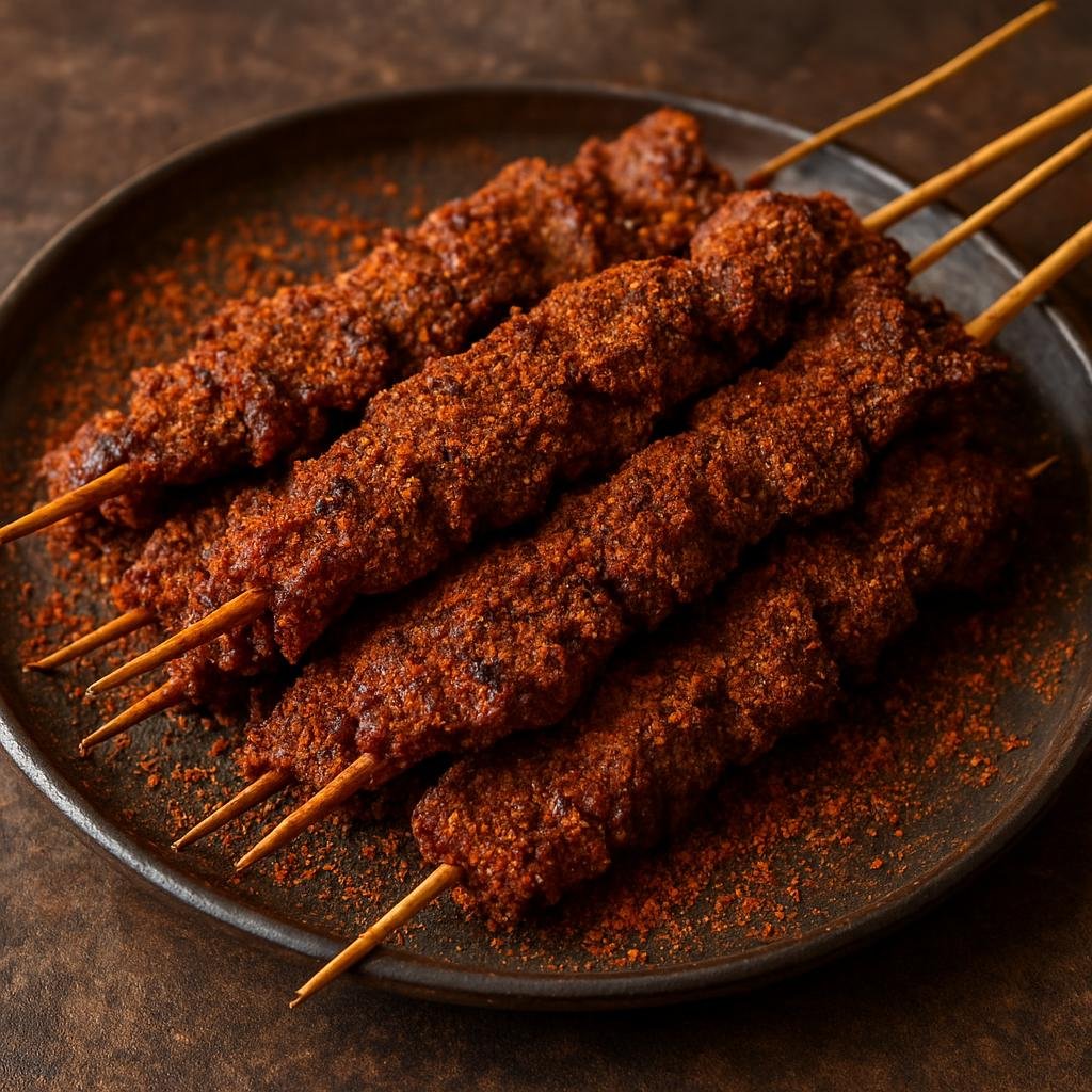Entree: Nigeria – Lagos Street Food – Suya (Charcoal-grilled thinly sliced beef skewers rubbed with a spicy ground-peanut and chili spice blend) recipe