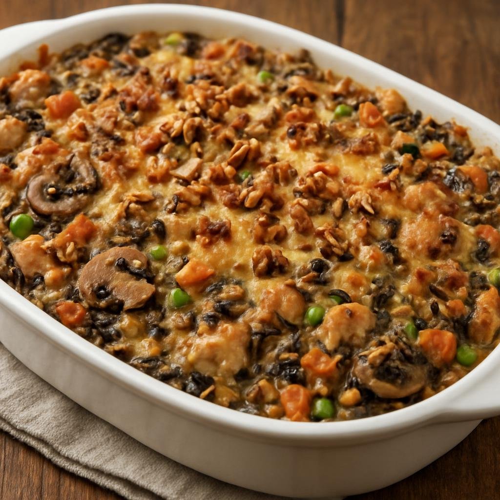 Entree: United States – Upper Midwest – Wild Rice Casserole (Creamy baked casserole of wild rice with mushrooms, vegetables, chicken, cheese, and toasted nuts) recipe