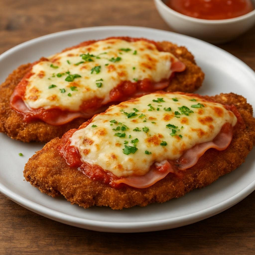 Entree: Argentina – Northeast Argentina – Milanesa a la Napolitana (Breaded beef cutlets topped with tomato sauce, ham, and melted mozzarella) recipe