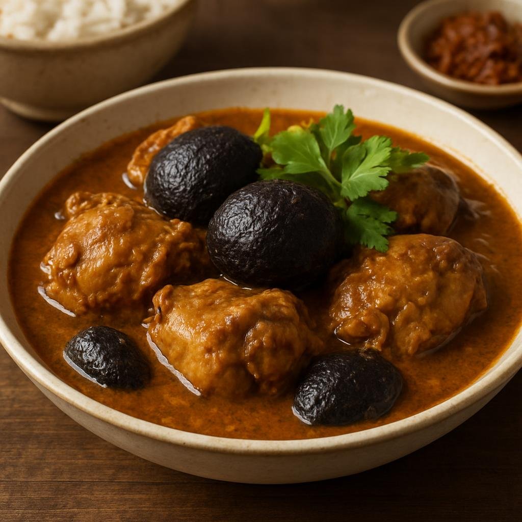 Entree: Malaysia – Peranakan / Nyonya – Ayam Buah Keluak (Peranakan chicken stew cooked with black buah keluak nuts in a rich spiced coconut gravy) recipe