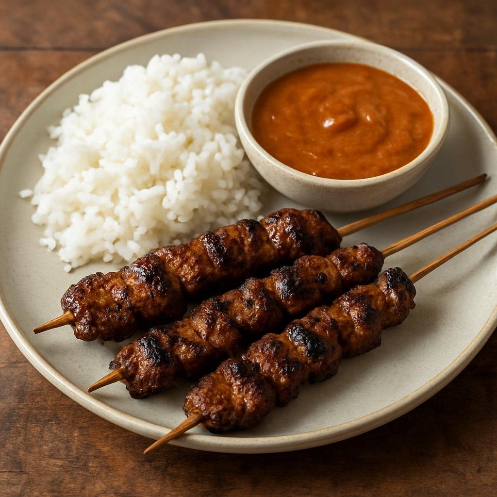 Entree: Philippines – Mindanao – Satti (Skewered grilled marinated meat served with a thin spicy peanut sauce and steamed rice) recipe