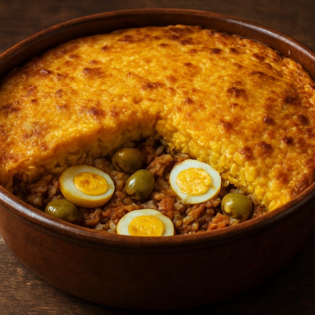 Entree: Chile – Santiago – Pastel de Choclo (Baked corn casserole layered over a savory meat and chicken filling with olives and hard-boiled eggs) recipe