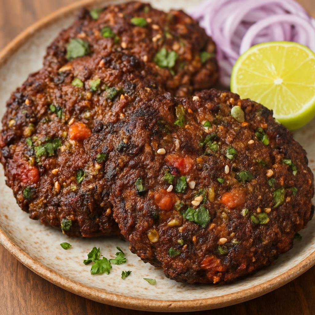 Entree: Pakistan – Lahore Street Food – چاپلی کباب ➤ Chapli Kebab (A flattened, spiced pan-fried ground meat patty studded with herbs, seeds, and tomatoes) recipe