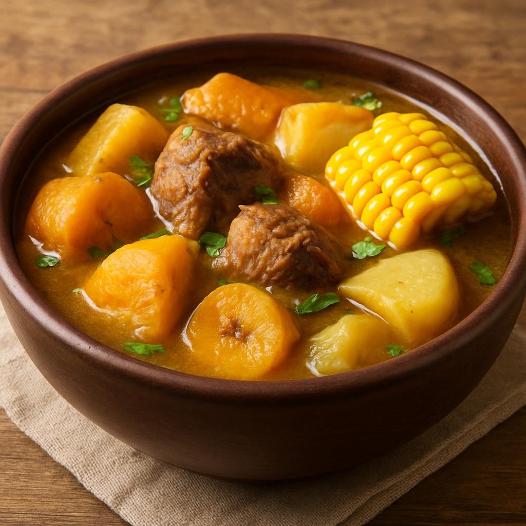 Entree: Colombia – Central Culinary Region – Sancocho (Hearty Colombian stew of meat, root vegetables, plantain, and corn simmered until richly flavored) recipe
