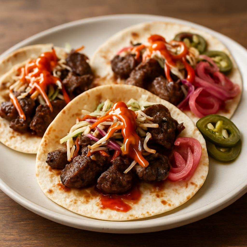 Entree: United States – California – Korean BBQ Tacos (Grilled Korean-style marinated beef served in small tortillas with Asian slaw, spicy sauce, and pickled condiments) recipe