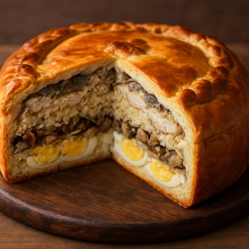 Entree: Russia – Eastern Siberia – Кулебяка ➤ Kulebyaka (A traditional Russian savory layered pie of fish, rice, mushrooms and eggs baked in rich pastry) recipe