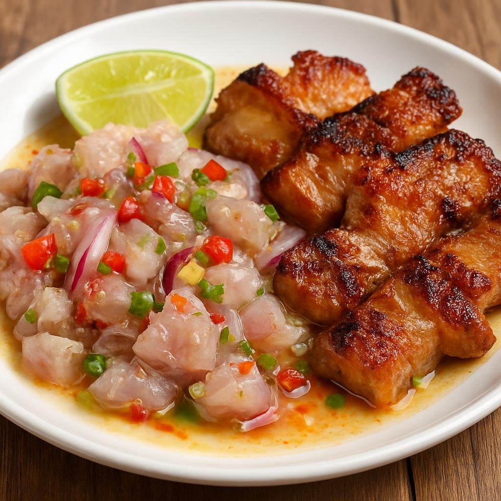 Entree: Philippines – Mindanao – Sinuglaw (Mindanaoan dish combining grilled pork belly with citrus- and vinegar-cured raw fish, served as a tangy, spicy main) recipe