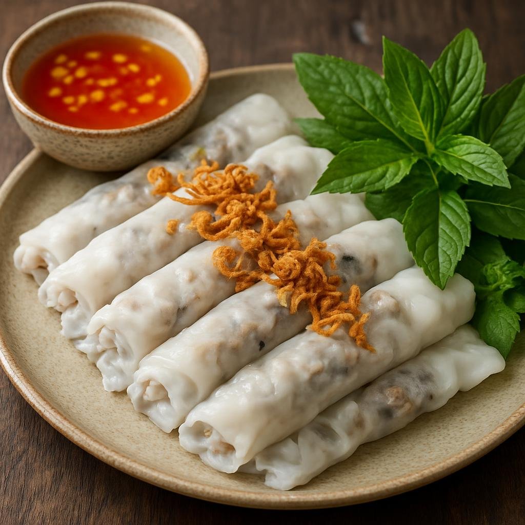 Entree: Vietnam – Northern Vietnam – Banh Cuon (Steamed thin rice crepes filled with seasoned pork and mushrooms, served with herbs and fish-sauce dipping sauce) recipe