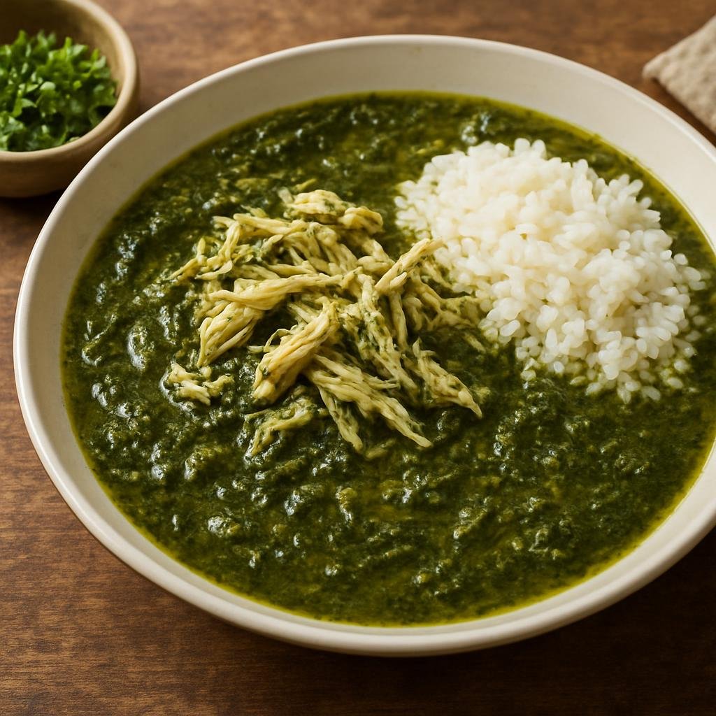 Entree: Egypt – Upper Egypt – ملوخية ➤ Mulukhiyya (Stewed jute-mallow leaves in a garlicky, coriander-spiced broth often served with shredded chicken and rice) recipe