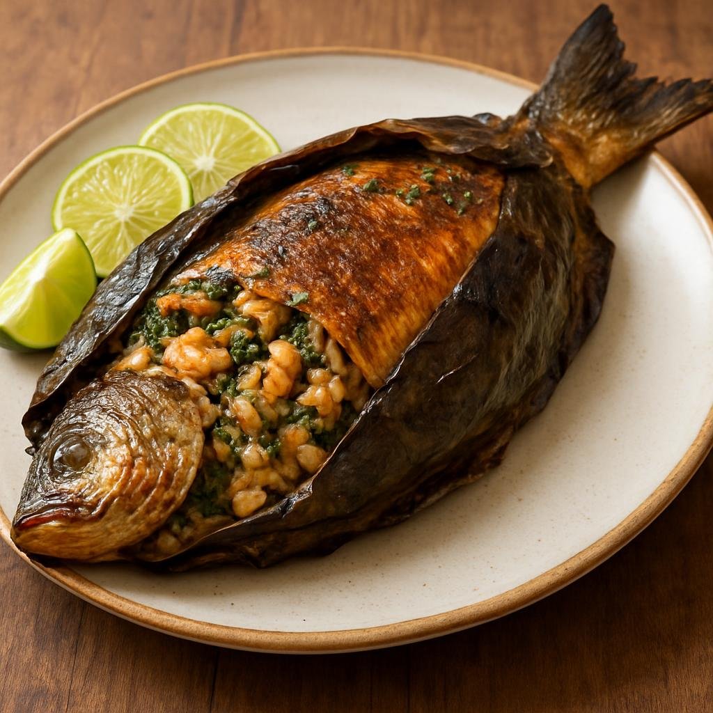 Entree: Mexico – Guerrero – Relleno de Cuche (A Guerrero-style whole coastal fish stuffed with a seasoned seafood and herb filling, wrapped and roasted) recipe