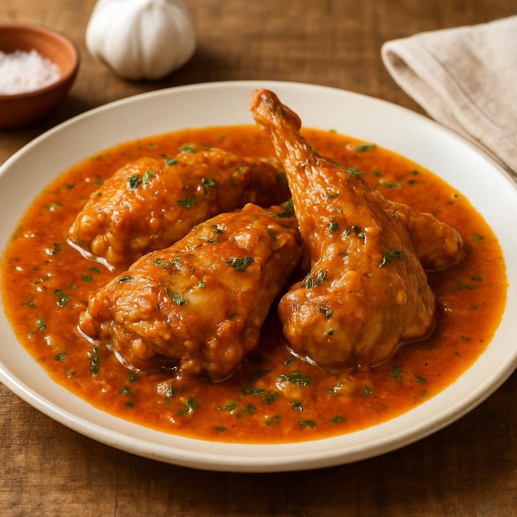 Entree: Spain – Canary Islands – Conejo en Salmorejo (Rabbit marinated in a garlicky wine-and-herb sauce and slowly stewed until tender) recipe