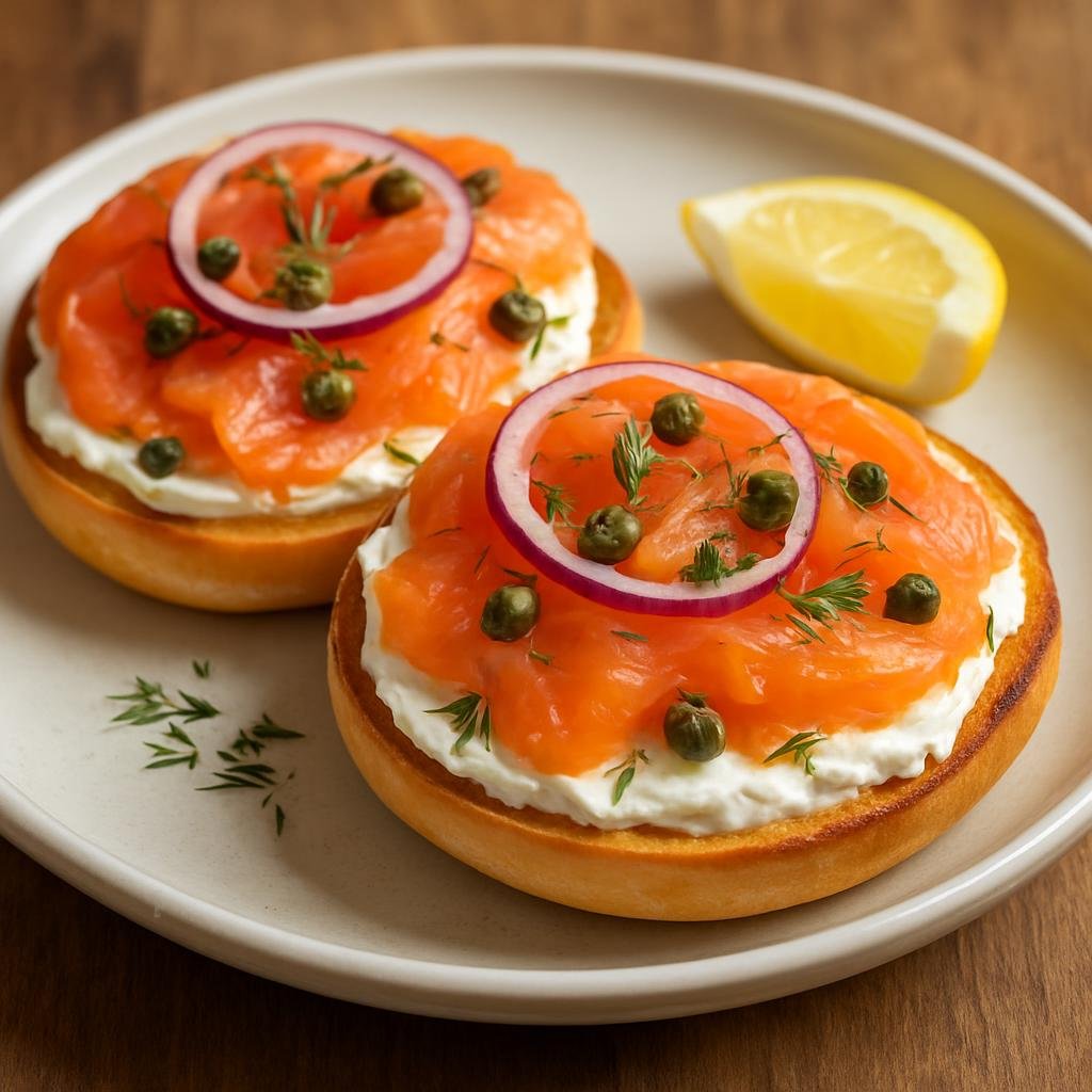Entree: Canada – Montreal – Bagels with Lox (Toasted or sliced boiled bagel topped with cured or smoked salmon, cream cheese, and traditional garnishes) recipe