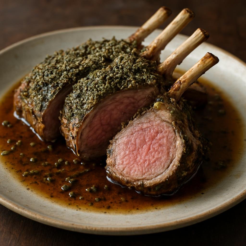 Entree: Australia – South Australia – Saltbush Lamb Rack (Roasted rack of lamb seasoned with native saltbush and regional herbs, served sliced with a pan sauce) recipe