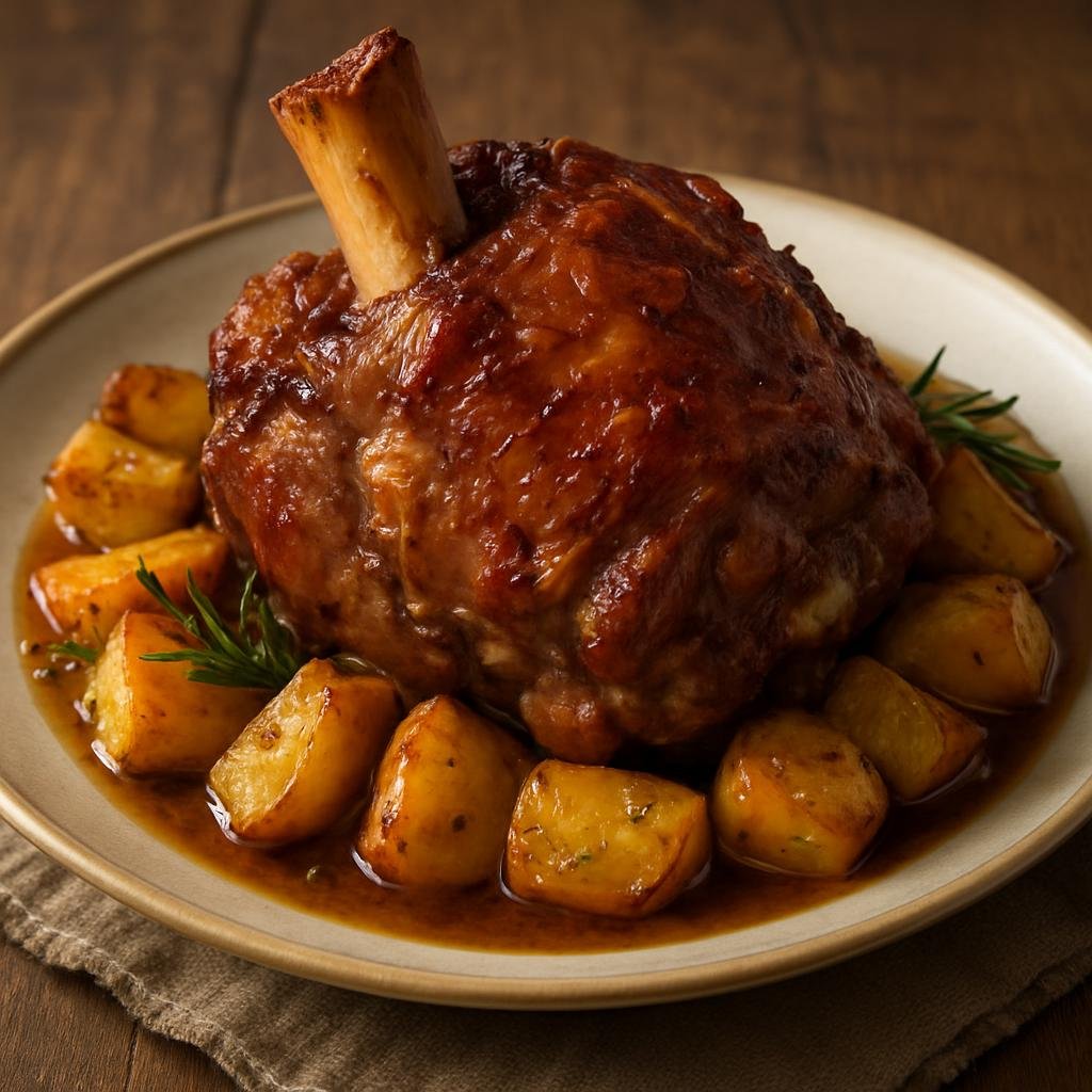 Entree: Italy – Emilia-Romagna – Stinco di Maiale al Forno (Oven-braised roasted pork shank cooked until tender in wine and aromatics) recipe