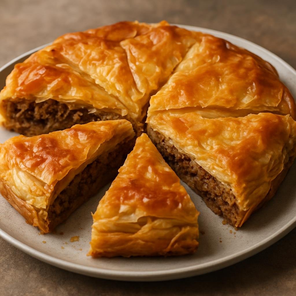 Entree: Greece – Ionian Islands – Κρεατόπιτα ➤ Kreatópita (Greek savory meat pie of spiced ground meat baked in buttered phyllo pastry) recipe