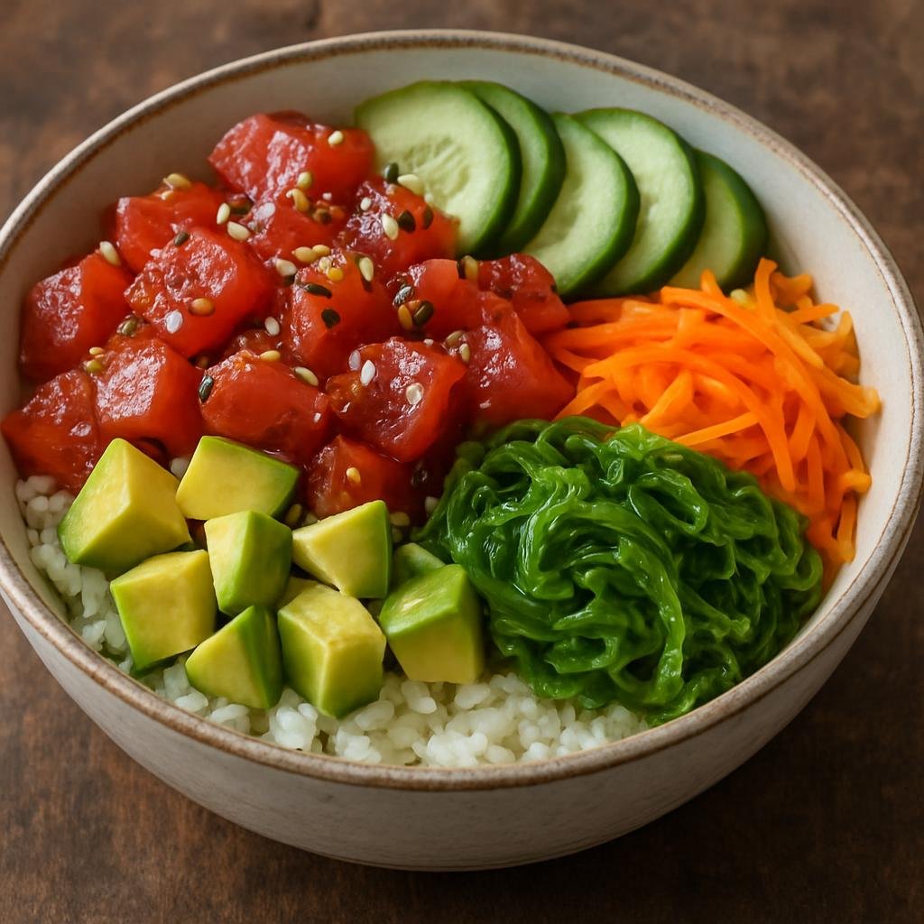 Entree: United States – California – Poke Bowl (Hawaiian-style marinated raw fish served over seasoned rice with vegetables and toppings) recipe