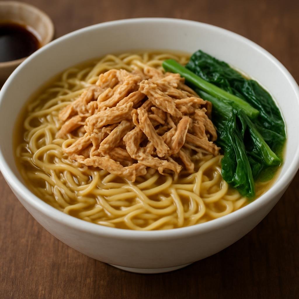 Entree: Indonesia – Chinese-Indonesian – Bakmi Ayam (Chinese-style egg noodles topped with seasoned shredded chicken, leafy greens, and savory broth) recipe