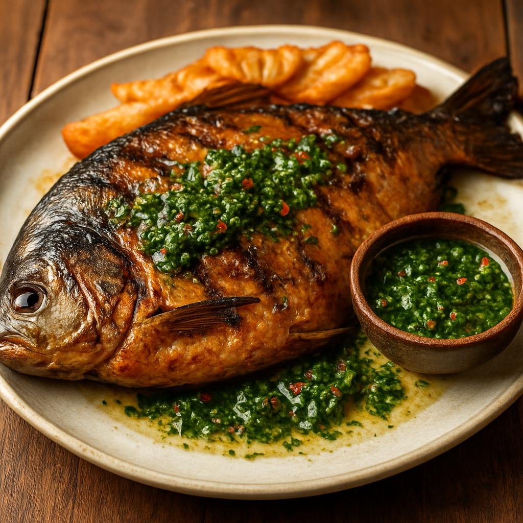 Entree: Argentina – Northeast Argentina – Pacú a la Parrilla (Whole freshwater pacú grilled over coals and served with Argentine chimichurri) recipe