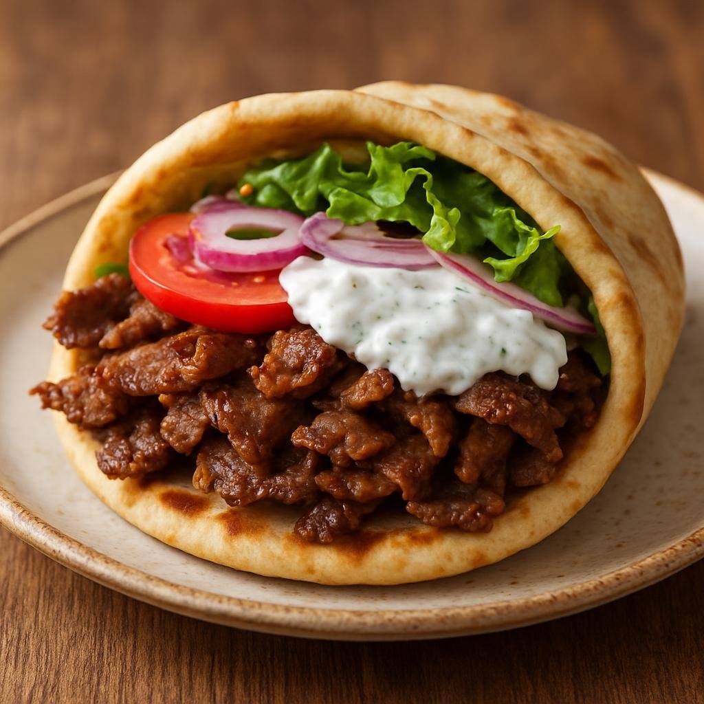 Entree: Greece – Ionian Islands – γύρος ➤ yíros (Thinly sliced seasoned spit-style meat served in warm pita with tzatziki and vegetables) recipe