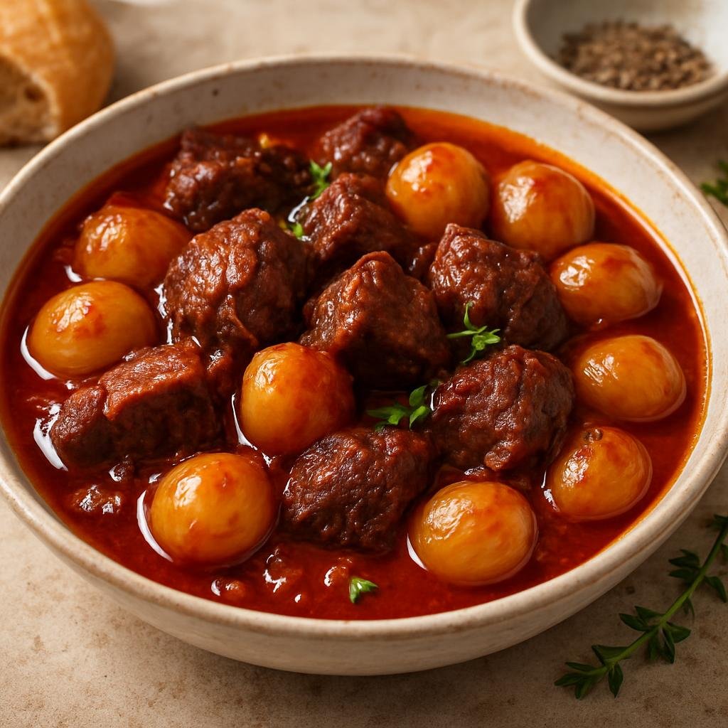 Entree: Greece – Ionian Islands – Στιφάδο ➤ Stifado (Slow-braised beef with pearl onions in a spiced red wine and tomato sauce) recipe
