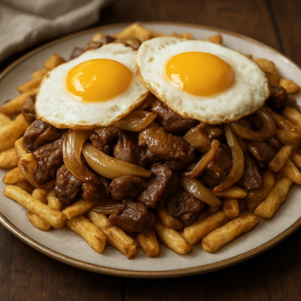 Entree: Chile – Santiago – Chorrillana (Hearty Chilean platter of fries topped with sautéed beef, sweet onions, and fried eggs) recipe