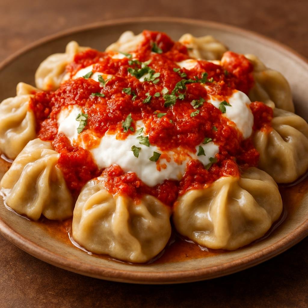 Entree: Afghanistan – Pashtun Eastern Afghanistan – مانتو ➤ Mantu (Steamed central-Asian-style dumplings filled with spiced lamb, topped with yogurt and a garlicky tomato sauce) recipe