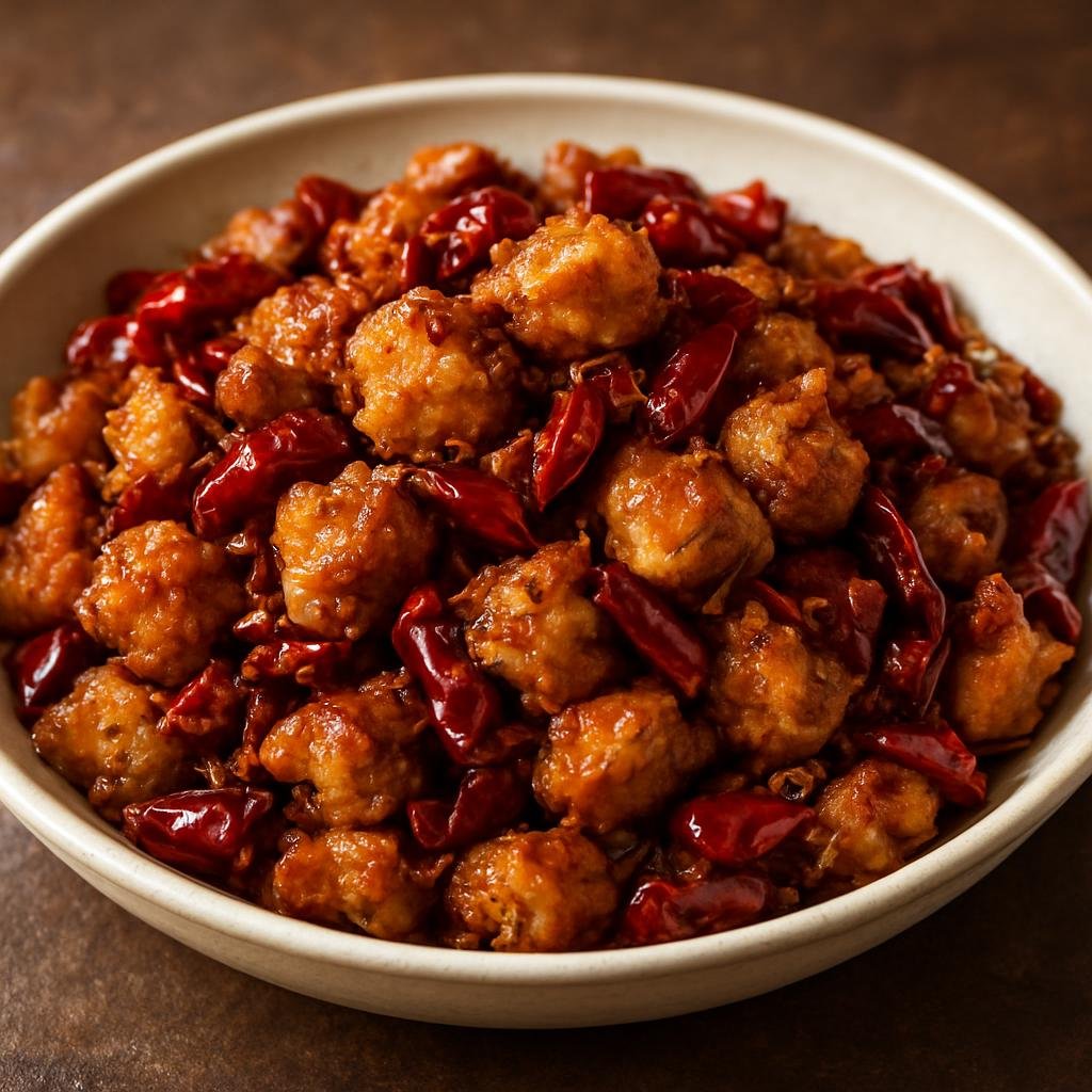 Entree: China – Gansu – 甘肃辣子鸡 ➤ Gānsù làzǐ jī (Crispy bite-sized chicken stir-fried with dried chilies, cumin, and aromatic spices) recipe