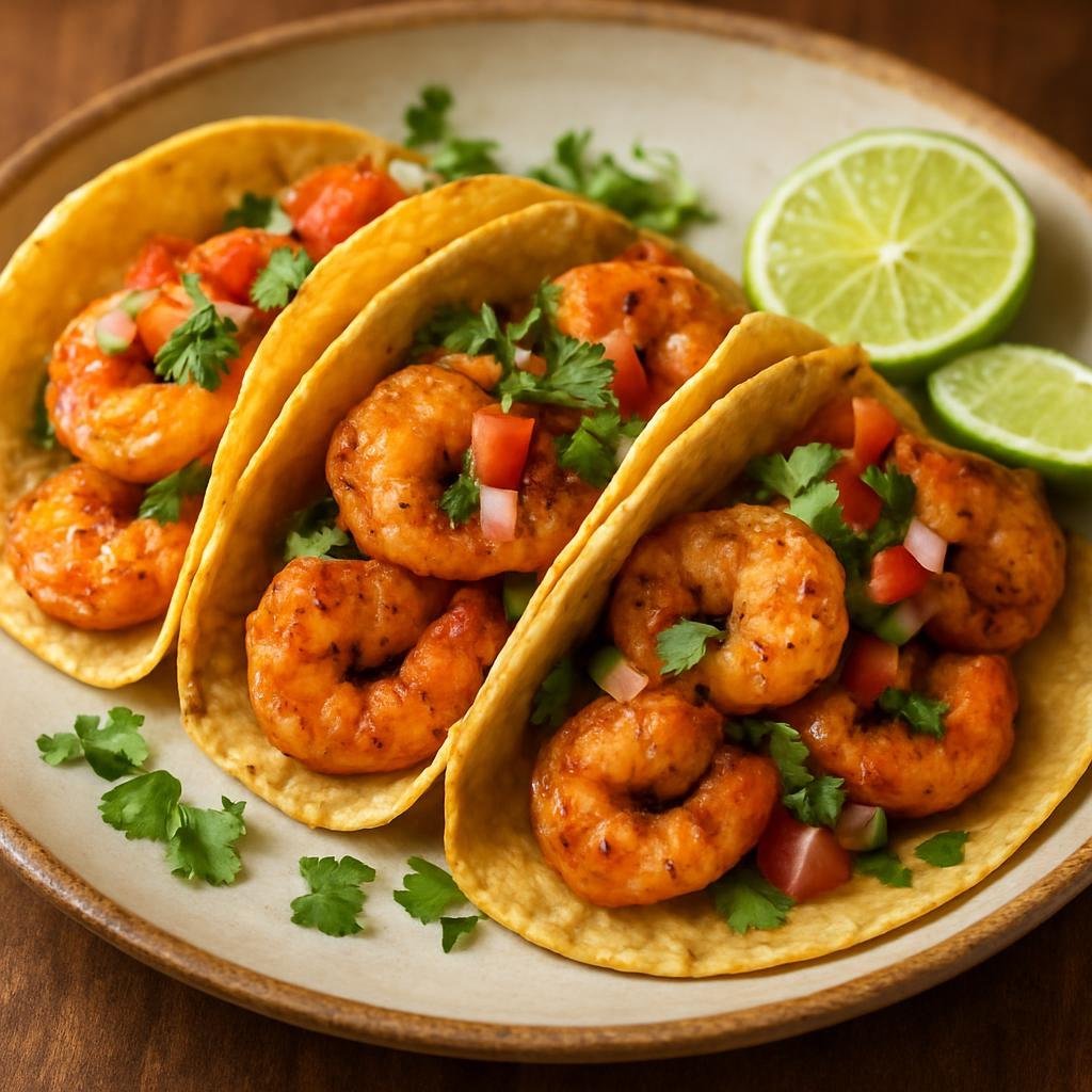 Entree: Mexico – Guerrero – Tacos de Camarón (Warm corn tortillas filled with seasoned shrimp and fresh garnishes) recipe
