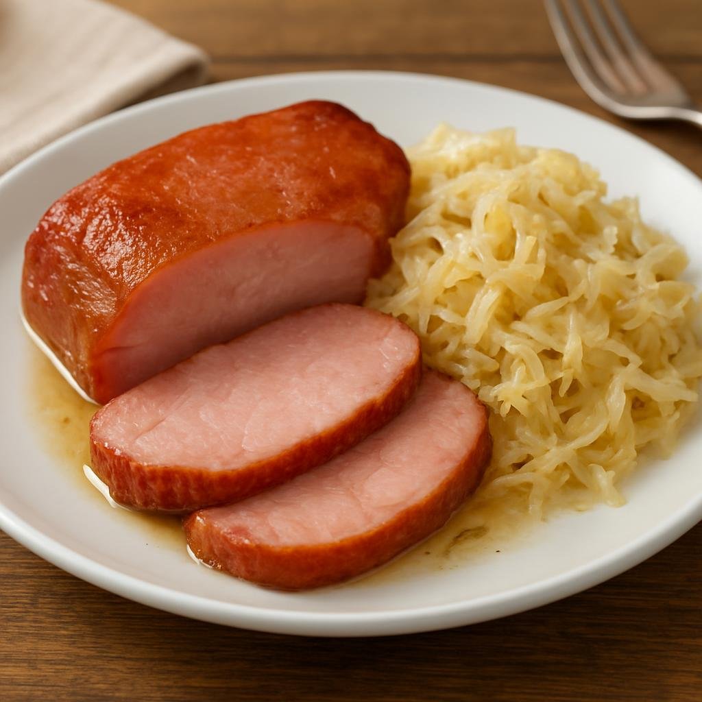 Entree: Germany – Hesse – Kasseler mit Sauerkraut (Smoked, cured pork loin or chop braised and served with tangy sauerkraut) recipe