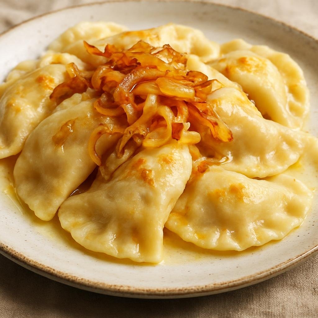 Entree: Poland – Polish Jewish Cuisine – Farmer's Cheese Pierogi (Soft boiled and pan-finished dumplings filled with tangy farmer's cheese and served with caramelized onions and butter) recipe