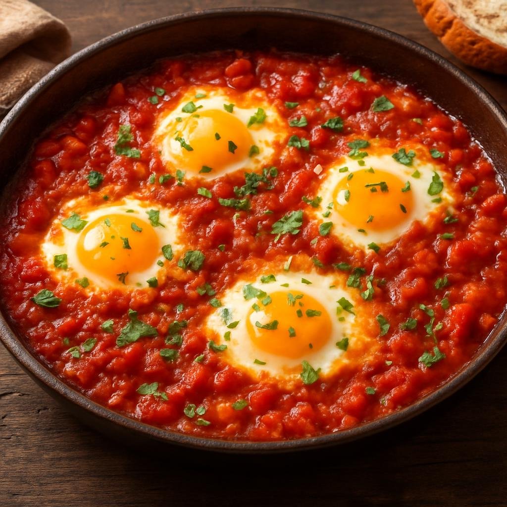 Entree: Egypt – Upper Egypt – شكشوكة ➤ Shakshuka (Eggs gently poached in a spiced tomato and pepper sauce) recipe