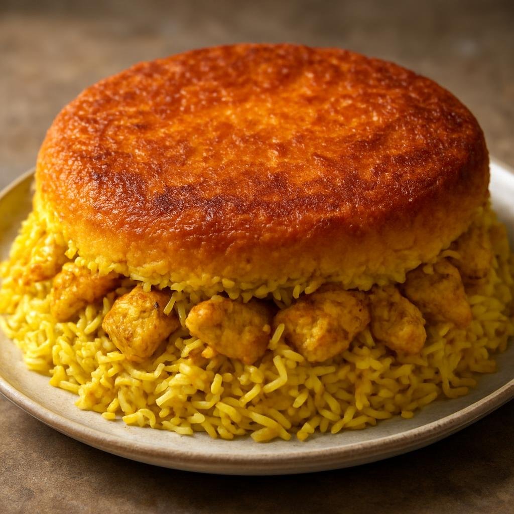 Entree: Iran – Kurdish Iran – ته چین ➤ Tahchin (Baked saffron rice cake layered with yogurt-marinated chicken and a crisp golden rice crust) recipe
