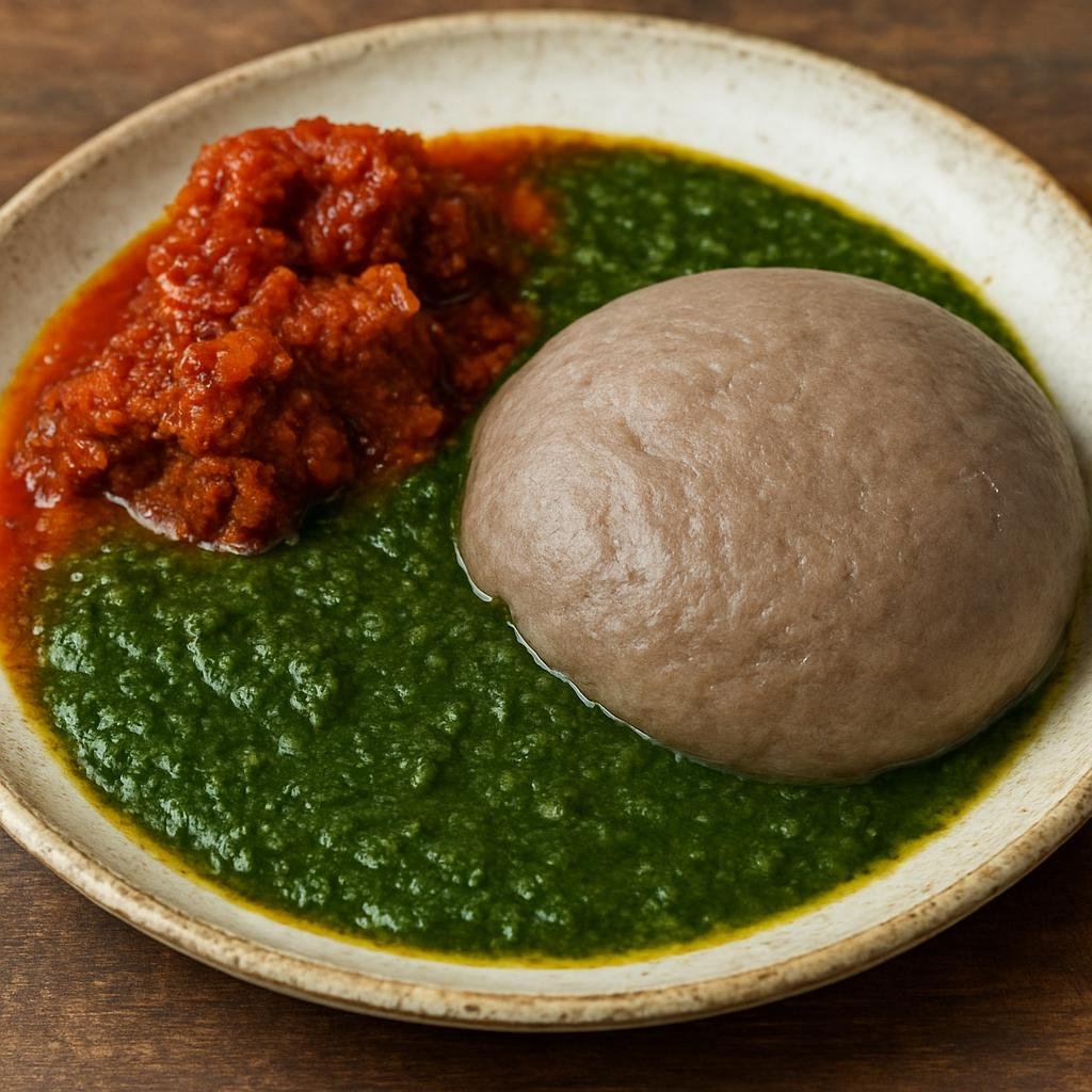 Entree: Nigeria – Lagos Street Food – Amala and Ewedu (Yam-flour swallow served with a slippery jute-leaf soup, typically eaten with a spicy tomato beef stew) recipe