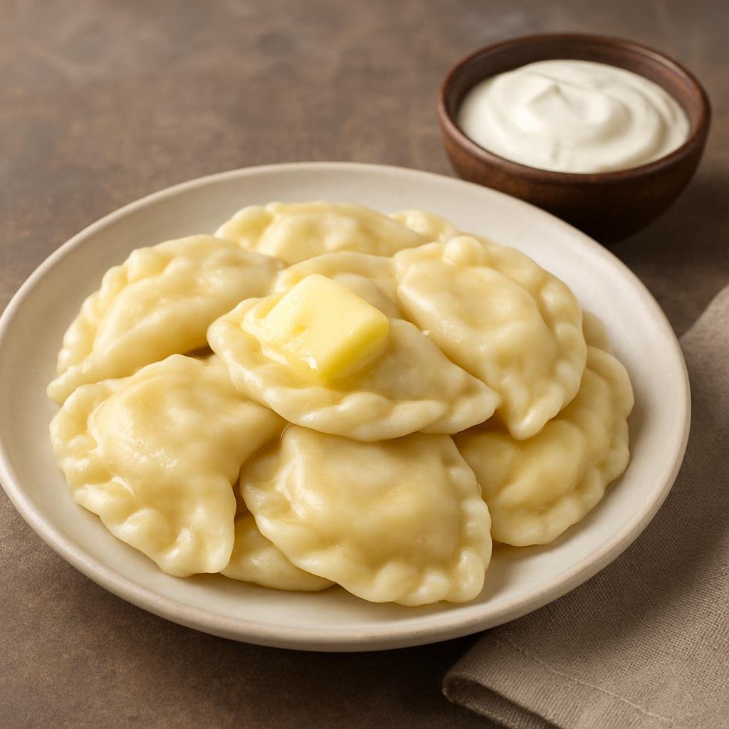 Entree: Ukraine – Western Ukraine – Вареники ➤ Varenyky (vah-reh-NEE-kee) (Boiled Ukrainian dumplings filled with potato and cheese, served with butter and sour cream) recipe