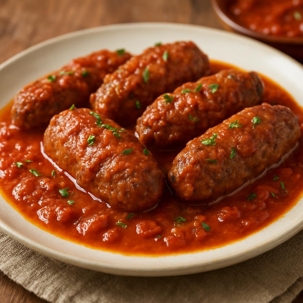 Entree: Greece – Macedonia / Northern Greece – σουτζουκάκια ➤ soutzoukákia (Spiced oblong Greek meatballs braised in a garlic‑tomato sauce) recipe