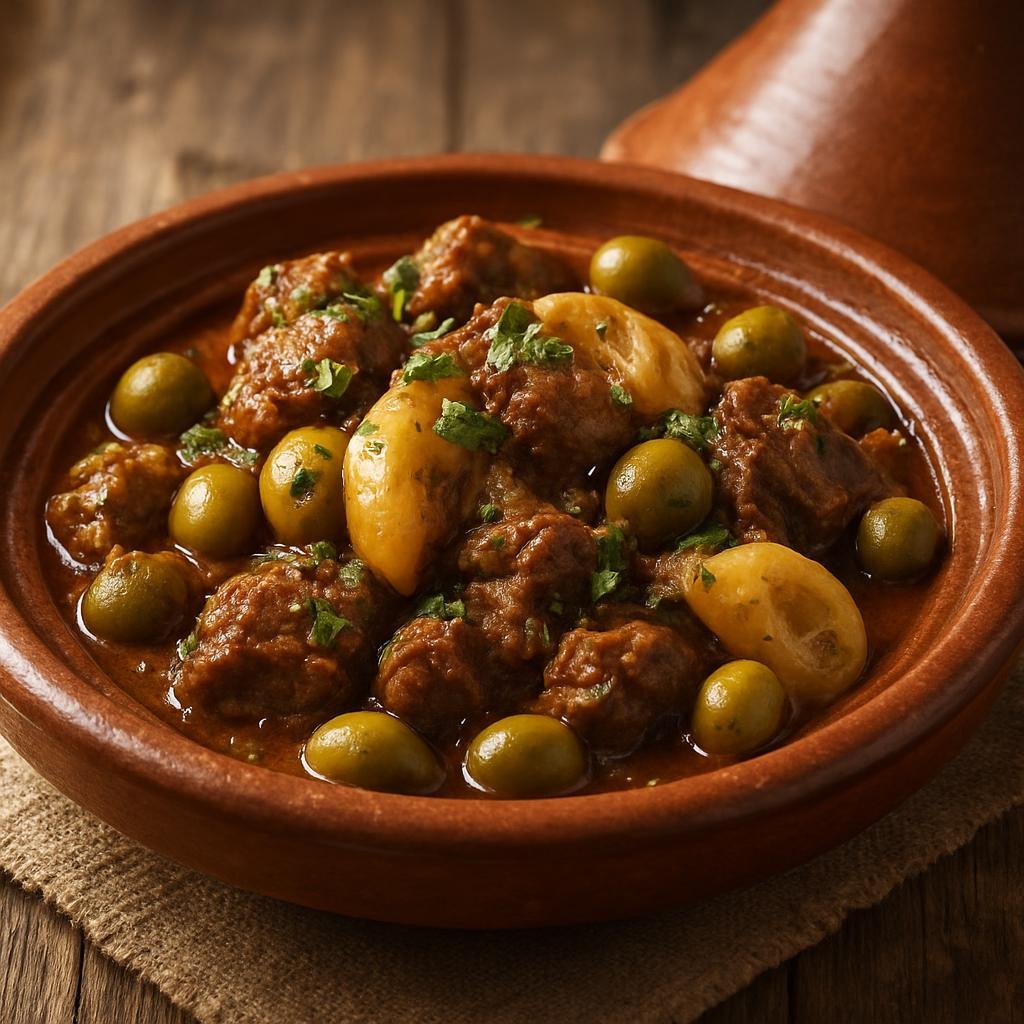 Entree: Morocco – Rif Mountains – طاجين بلدي ➤ Tājīn Baldī (Rustic Moroccan slow-cooked stew braised with meat, preserved lemon, and olives) recipe