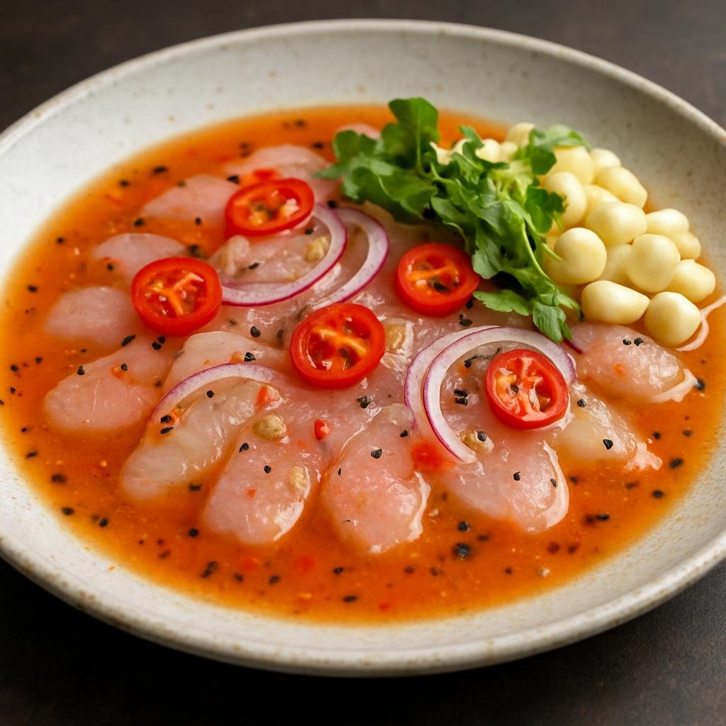 Entree: Peru – Nikkei Peruvian – Tiradito Nikkei (Thinly sliced raw fish in a citrus-based Nikkei marinade combining Peruvian peppers and Japanese seasonings) recipe