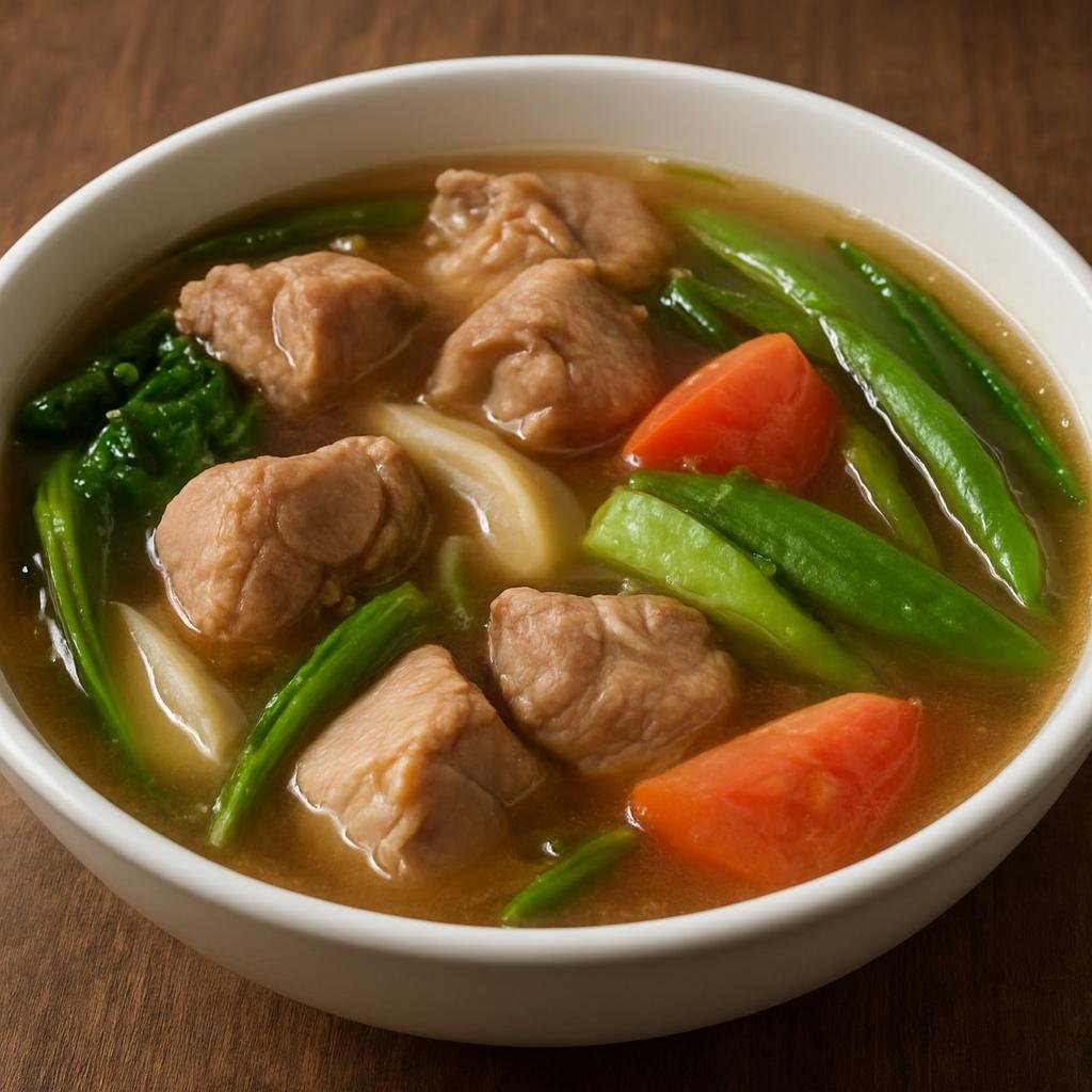 Entree: Philippines – Tagalog / Manila – Sinigang na Baboy (Filipino tamarind-based sour soup simmered with pork and a mix of vegetables) recipe