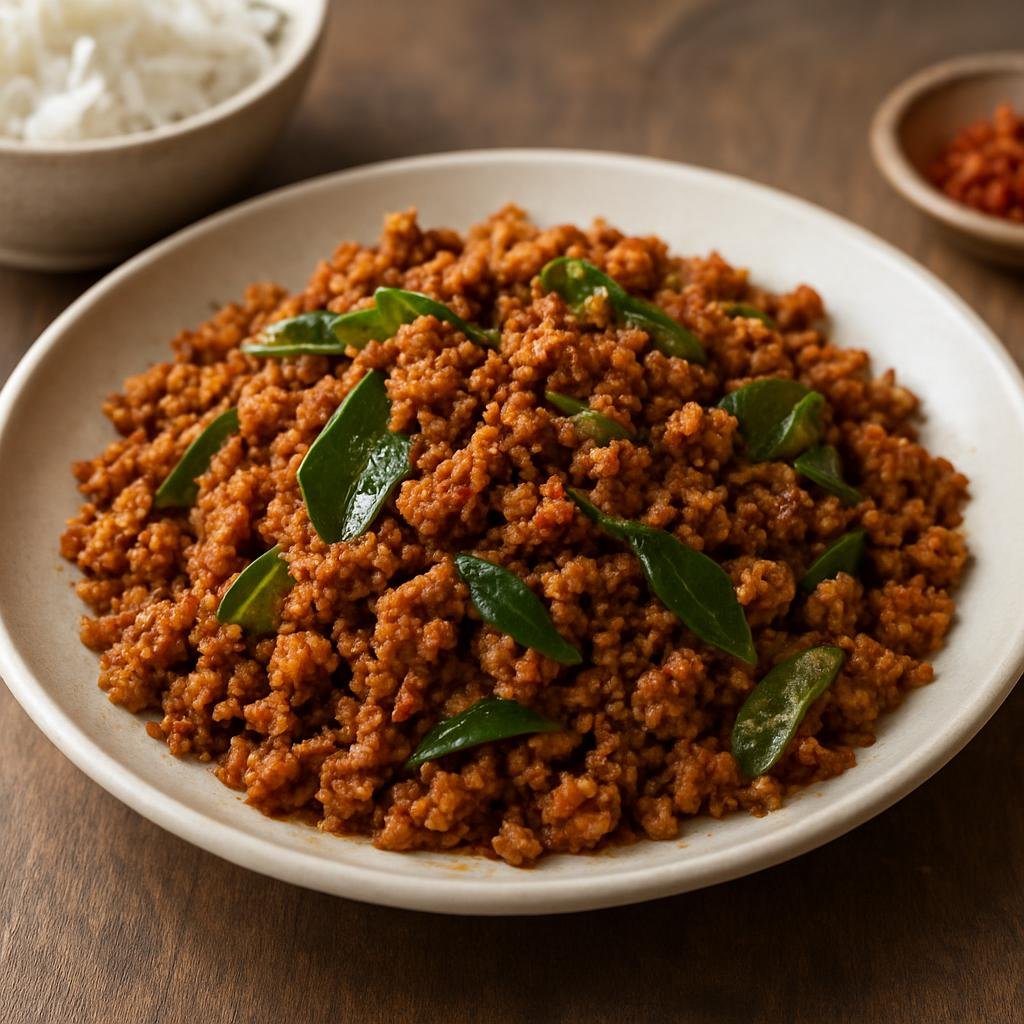 Entree: Thailand – Southern Thailand – คั่วกลิ้ง ➤ Kua Kling (A fiery Southern Thai dry curry of minced meat cooked with aromatic curry paste and kaffir lime leaves) recipe